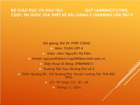 Bài giảng Toán 4 - Bài 29: Phép cộng - Nguyễn Thị Kiên