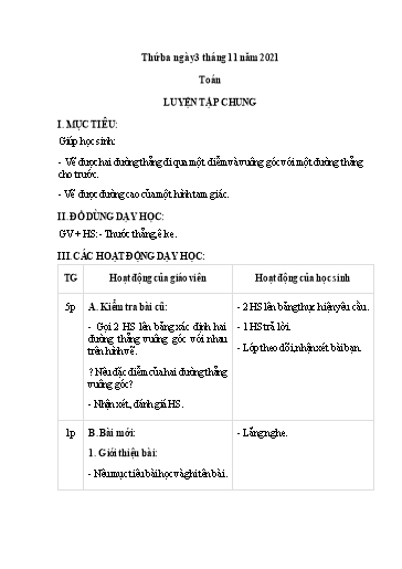 Giáo án Toán hình 4 - Tiết: Luyện tập chung - Năm học 2021-2022