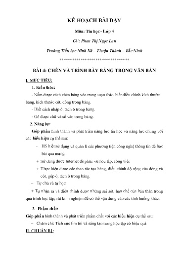Kế hoạch bài dạy Tin học 4 - Bài 4: Chèn và trình bày bảng trong văn bản - Phan Thị Ngọc Lan