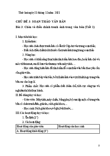 Kế hoạch bài dạy Tin học 4 - Chủ đề 3, Bài 3: Chèn và điều chỉnh tranh ảnh trong văn bản (Tiết 1) - Năm học 2021-2022