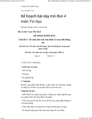 Kế hoạch bài dạy Tin học 4 (Kết nối tri thức) - Bài 5: Các thao tác với tệp và thư mục - Lưu Thị Tươi
