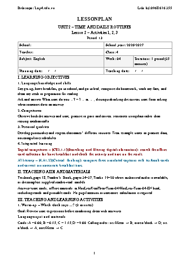 Giáo án Tiếng Anh lớp 4 Global Success năm học 2026-2027 - Tuần 4 (Tích hợp năng lực số và AI)
