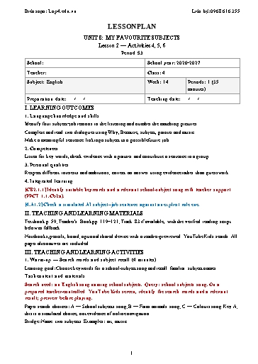 Giáo án Tiếng Anh lớp 4 Global Success năm học 2026-2027 - Tuần 14 (Tích hợp năng lực số và AI)